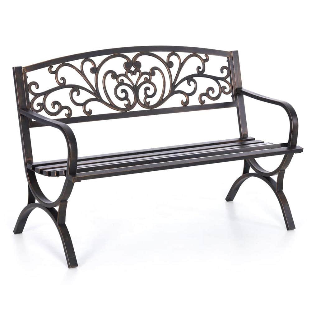 50 in. 3-Person Bronze Metal Garden Bench Patio Park Bench with Floral Pattern Backrest, Arch Legs for Porch, Lawn, Yard price history on PriceWatchPro