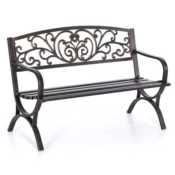 50 in. 3-Person Bronze Metal Garden Bench Patio Park Bench with Floral Pattern Backrest, Arch Legs for Porch, Lawn, Yard