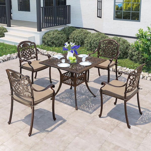 PamaPic 5-Piece Cast Aluminum Outdoor Dining Set with Square Table and Dining Chairs with Brown Cushions