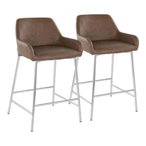 Daniella 24.5 in. Espresso Faux Leather, Chrome Metal Fixed-Height Counter Stool (Set of 2)