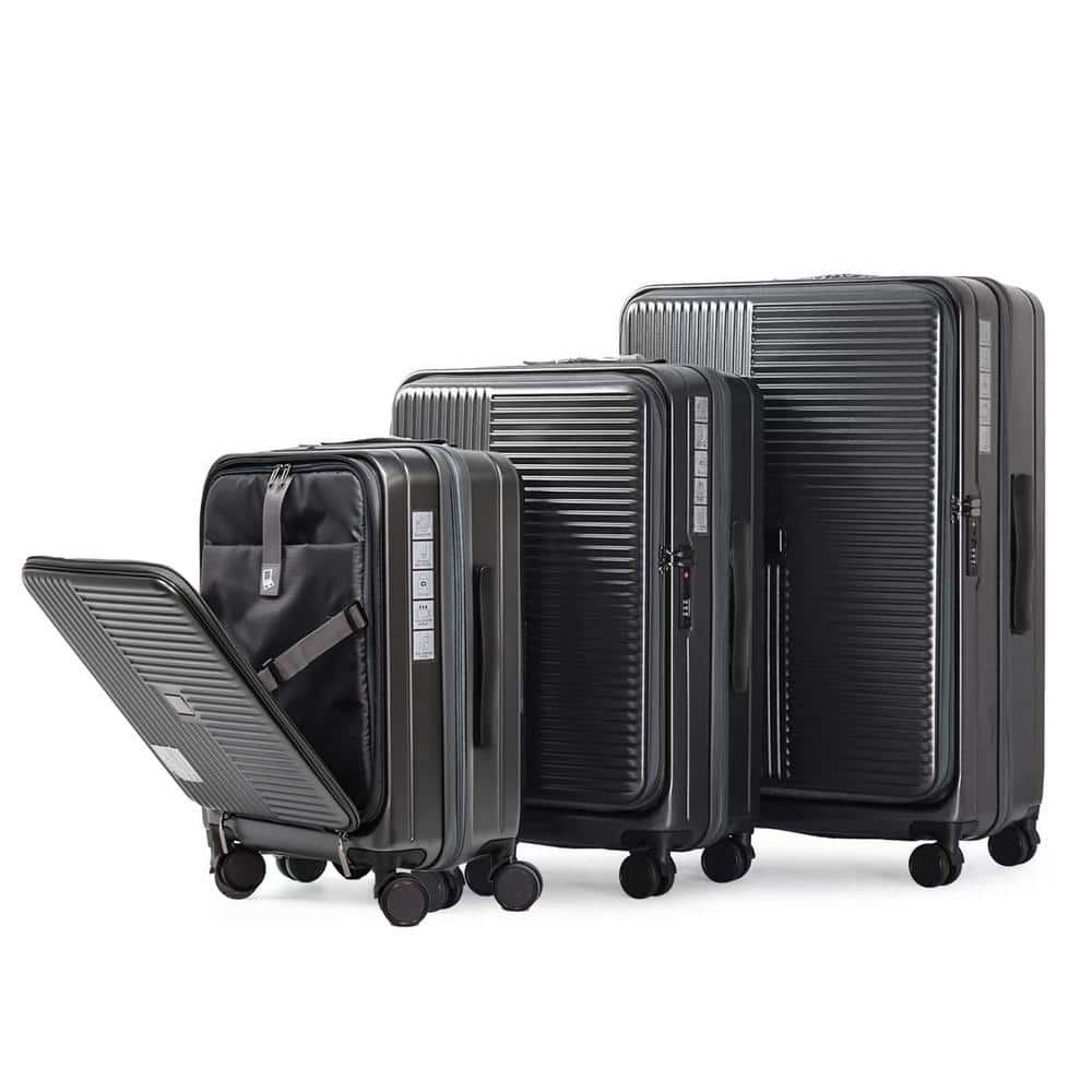 3-Piece Gray Hard Shell Luggage Set with Front Opening and TSA-Approved loc