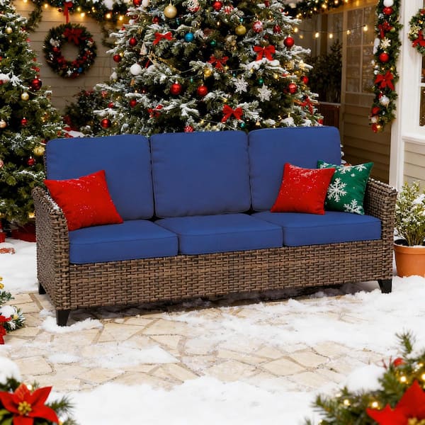 2-Color Brown Wicker Outdoor Patio 3 Seater Sofa Couch with Blue Cushions, Wide Armrest