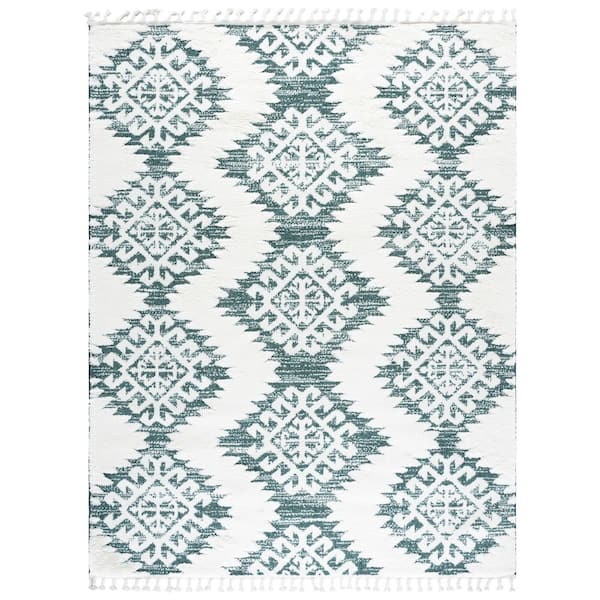 Moroccan Tassel Shag 9 x 12 Green/Ivory Tribal Area Rug