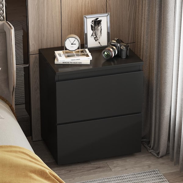 FUFU&GAGA Black 2-Drawer Wood Grain Nightstands Side Table Bedside Table 18.9 in. H x 15.7 in. W x 11.6 in. D