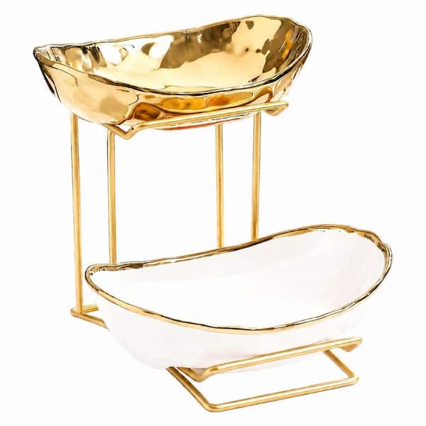 2 Tier Ceramic Fruit Bowl with Gold Metal Stand for Kitchen Counter, Medium and Small Porcelain Bowls