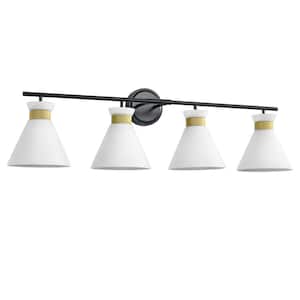 36 in. 4-Light Black and Gold Vanity Light with Milk White Glass Shade Modern Bathroom Light Fixture