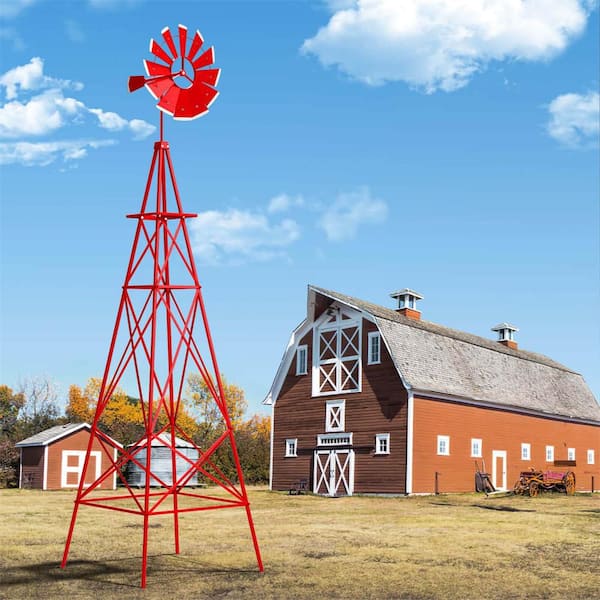 96 in. H Red Metal Ornamental Wind Spinner Windmill with 4 Support Legs Decorative Weathervane for Backyard