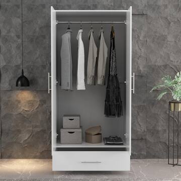 White 2-Door Wardrobe Armoire with 1-Drawers and Hanging Rod 66.9 in. H x 31.5 in. W x 18.9 in. D
