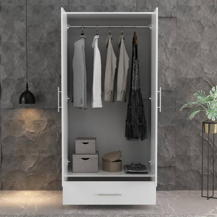 FUFU&GAGA White 2-Door Wardrobe Armoire with 1-Drawers and Hanging Rod 66.9 in. H x 31.5 in. W x 18.9 in. D