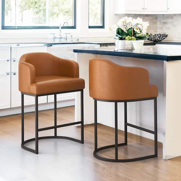 LUE BONA Crystal 26in.YellowBrown Linen Fabric Upholstered Counter Stool Kitchen Island Bar Stool with Metal Frame Set of 2