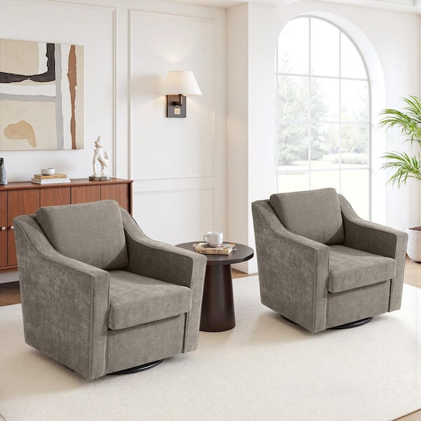 Modern Sand Chenille Upholstered Swivel Accent Barrel Chair With Metal Base(Set of 2)