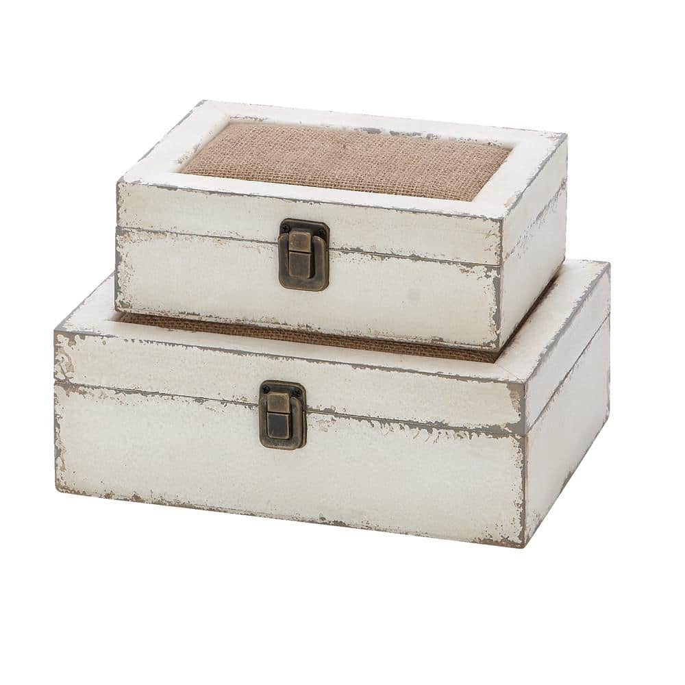White and Burlap Rectangular Wood Lidded Box Set