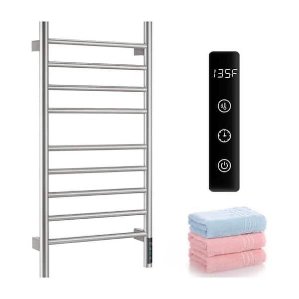 9 Bars Heated Towel Rack for Bathroom, Wall Mounted Plug In and Hardwired Towel Warmer in Brushed Nickel Stainless Steel