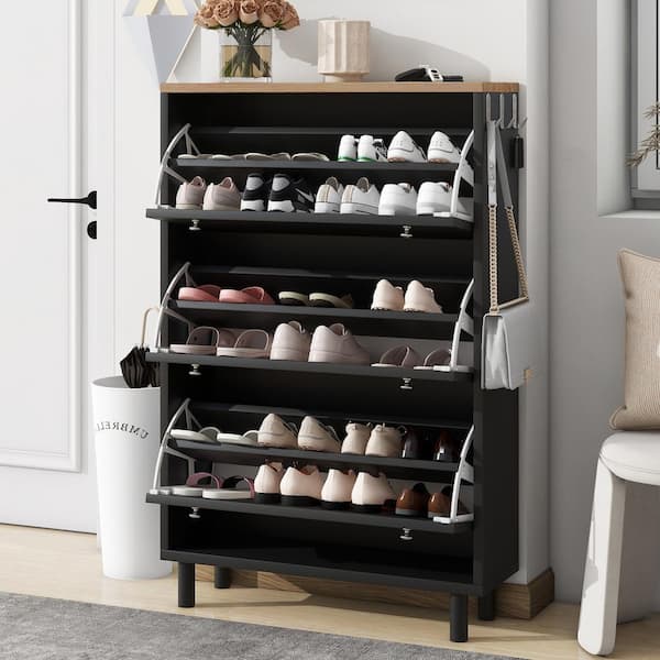 Unbranded 31.5 in. W x 9.4 in. D x 47.6 in. H Black Shoe Cabinet Linen Cabinet 3 Flip Drawers and 3-Hooks