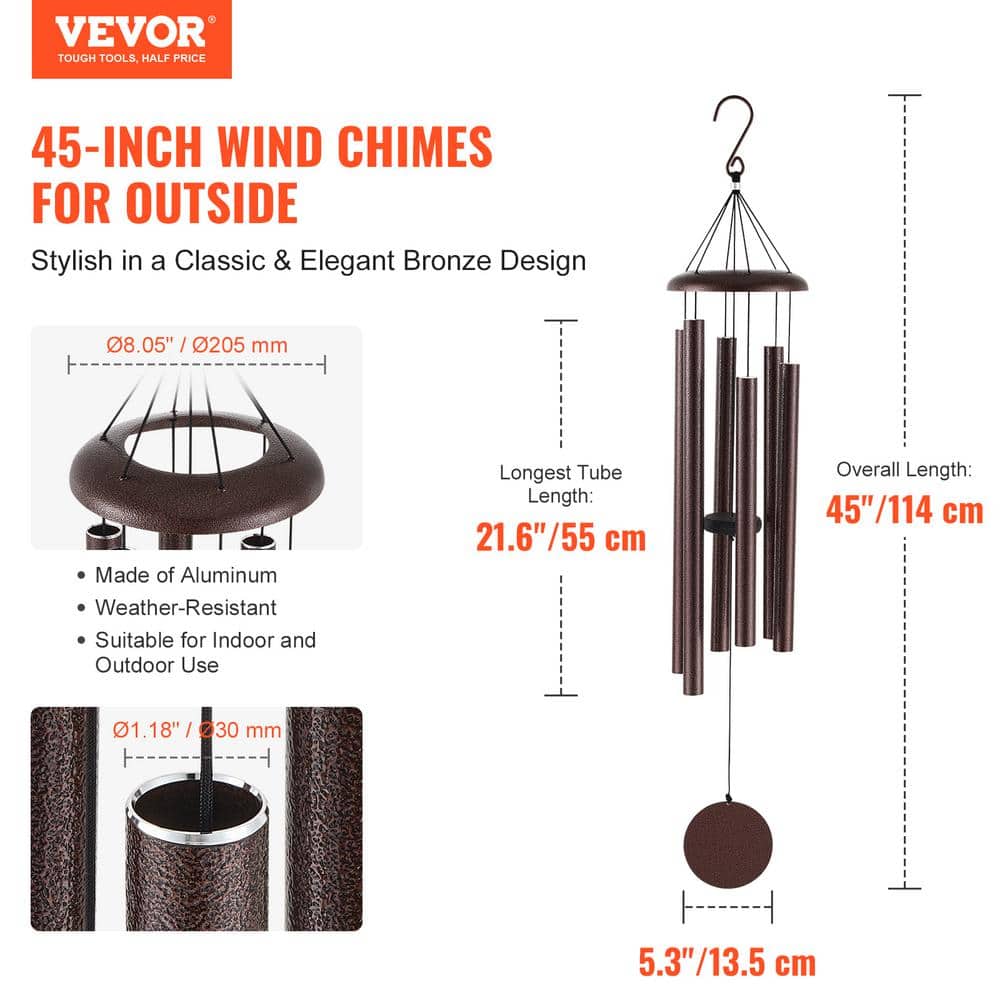 45" Bronze Deep Tone Memorial Wind Chimes with 6 Aluminum Tubes