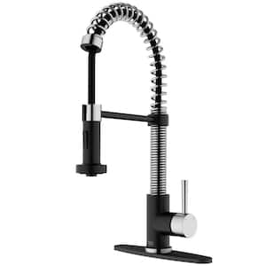 Edison Single Handle Pull-Down Sprayer Kitchen Faucet Set with Deck Plate in Stainless Steel and Matte Black