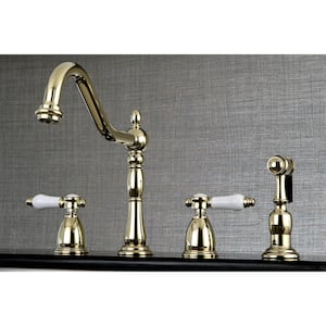 Victorian Porcelain 2-Handle Standard Kitchen Faucet with Side Sprayer in Polished Brass