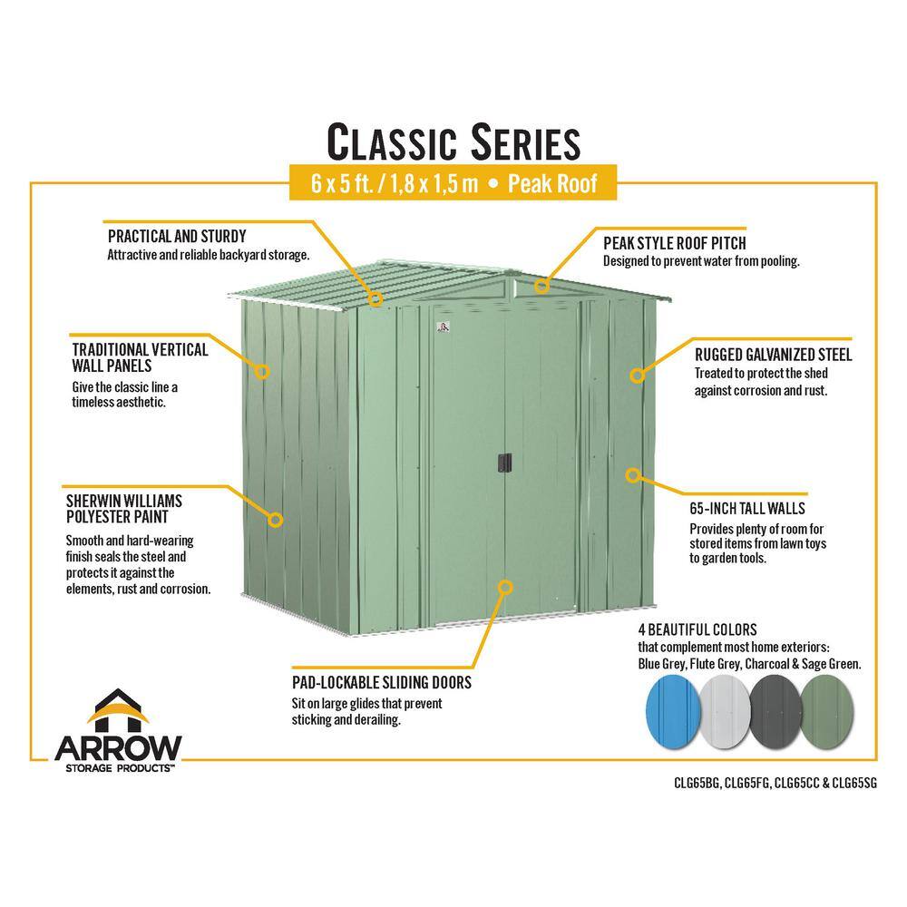 Arrow Classic 6x5 Flute Grey Steel Storage Shed with Sliding Doors