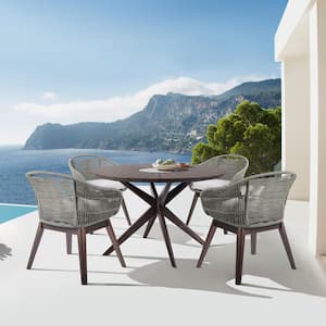 Oasis and Tutti Frutti Dark Brown 5-Piece Eucalyptus Wood Round Outdoor Dining Set with Light Gray Cushions