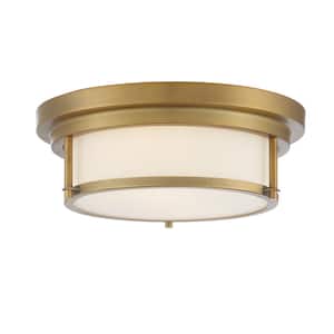 13 in. W x 4.5 in. H 2-Light Natural Brass Flush Mount Light with White Glass Cylindrical Shade