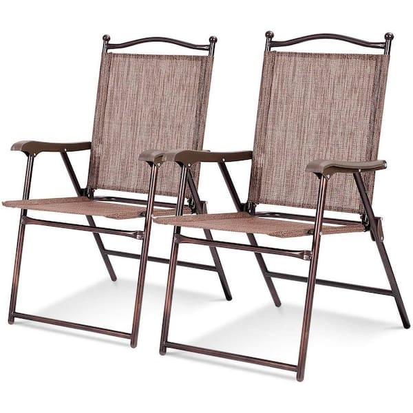 Unbranded Folding Metal Outdoor Dining Chair in Brown with Armrest (Set of 2)