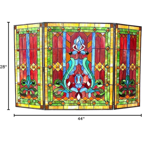 Multi Color Glass 3-Panel 44 in. Folding Fireplace Screen with Doors crafted for easy placement and storage,