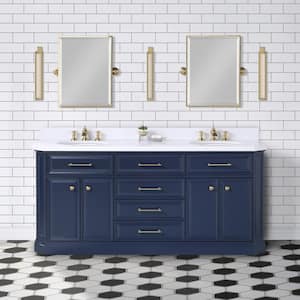 Palace 72 in. W x 22 in. D Vanity in Monarch Blue with Quartz Top in White with White Basins and Waterfall Faucets