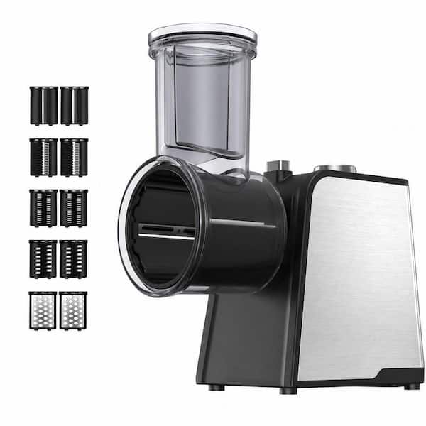 Black Electric Cheese Grater and Vegetable Slicer with 300W Motor, 5 Blades, Compact Alloy Steel Design