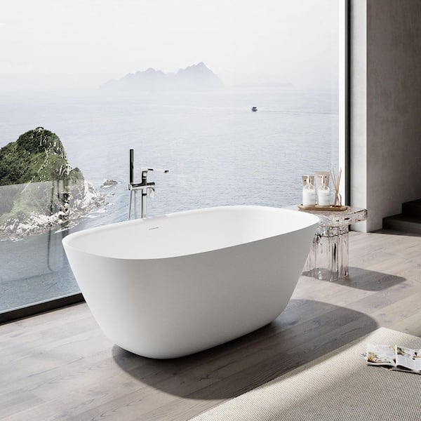 67 in. x 33 in. Freestanding Solid Surface Soaking Bathtub in Matte White with Center Drain