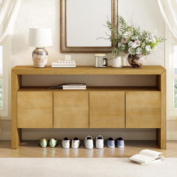 Natural Pine Wood Veneer and MDF 60 in. Sideboard with Open Shelf and 4-Door