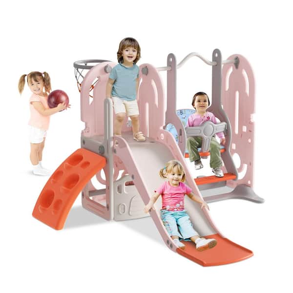 SEEUTEK 5.4 ft. Pink Orange 5-in-1 Toddler Slide with Swing Indoor Outdoor Backyard Playground Climbing Theme Baby Toy