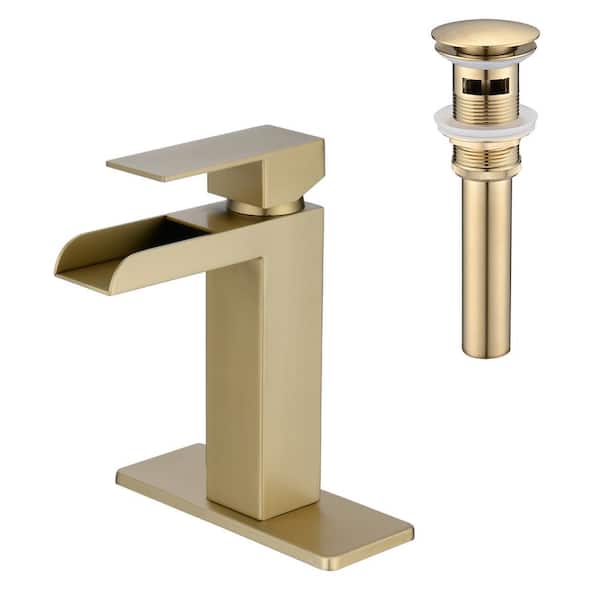 Aurora Decor Ladera Single Handle Single Hole Bathroom Faucet with Deckplate Included and Pop up Drain in Brushed Gold
