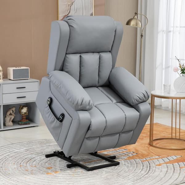 HOMCOM Gray, PU Faux Leather Chair, Electric Power Lift Recliner Chair with Vibration Massage, Heated, Remote Control