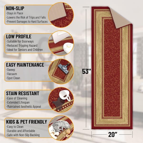 House Collection Non-Slip Rubberback Border Design 2 x 5 Indoor Runner Rug, 1 ft. 8 in. x 4 ft. 5 in., Red/Beige