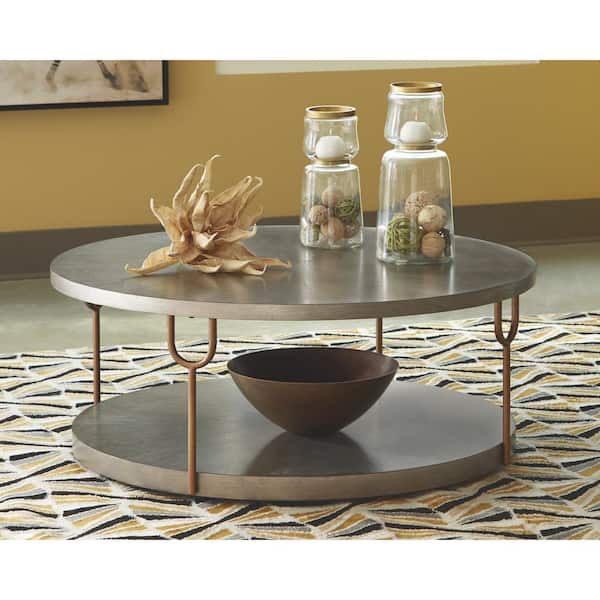 Signature DESIGN BY ASHLEY Ranoka 42 in. Silver Round Wood Coffee Table with 1-Shelf