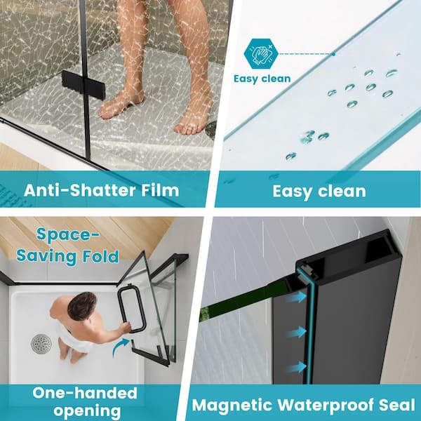 36 to 37-1/4 in. W x 72 in. H Bi-Fold Frameless Shower Doors in Black with Clear Glass
