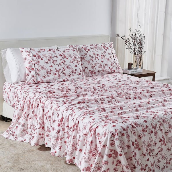 FRESHFOLDS Red Soft Floral Printed 4-Piece Microfiber Bed Sheet Set