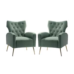 Brion Modern Sage Velvet Button Tufted Comfy Wingback Armchair with Metal Legs (Set of 2)