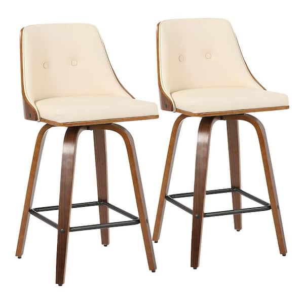 Lumisource Gianna 36.5 Counter Height Bar Stool in Cream Faux Leather and Walnut Wood (Set of 2)