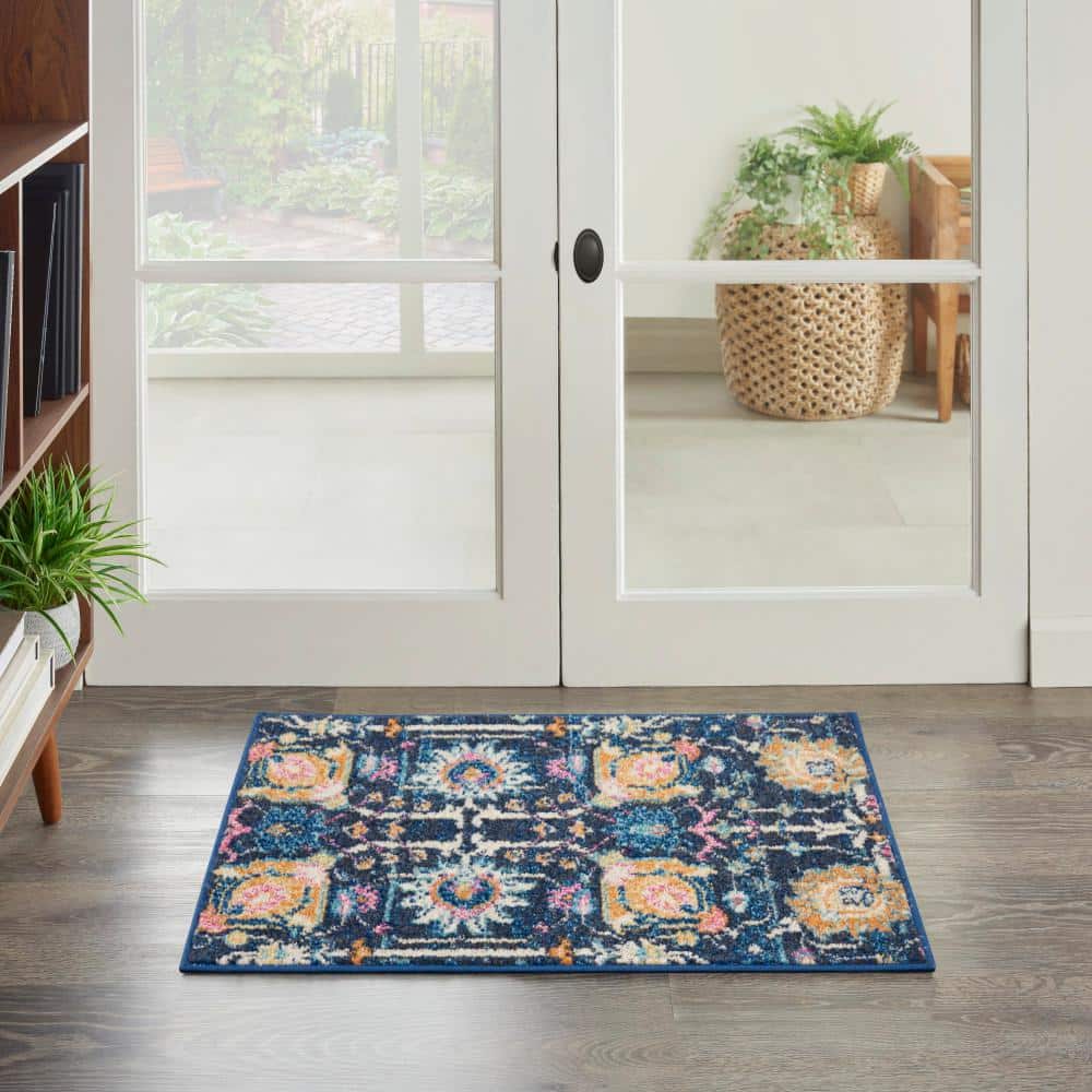 Bohemian Bliss Navy Floral Hand-Knotted 2x3 Synthetic Rug