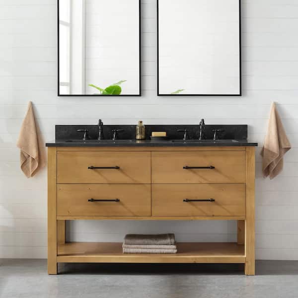 SUDIO Windwood 54 in. W x 22 in. D x 34 in. H Double Sink Bath Vanity in Tan with Blue Limestone Vanity Top with White Sinks