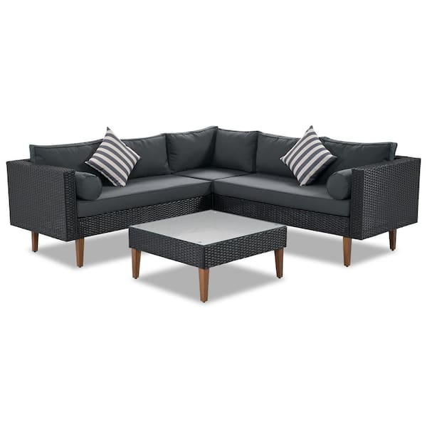 Miscool Anky Black 4-Piece Wicker Patio Conversation Set with Gray Cushions