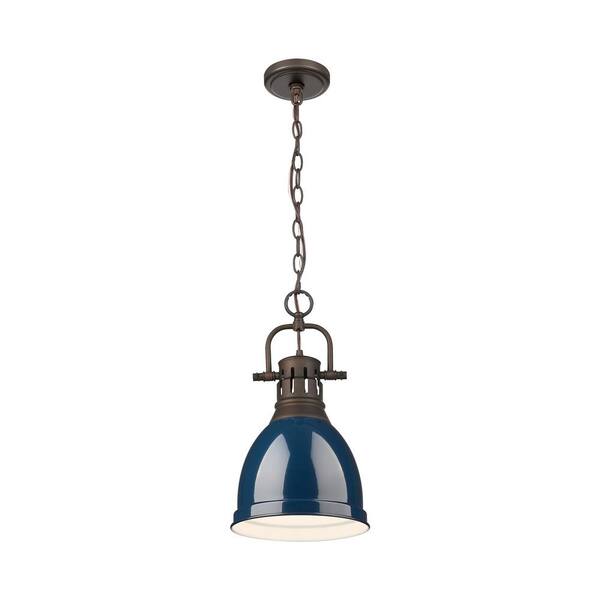 Golden Lighting - Duncan 100-Watt 1-Light Rubbed Bronze Pendant Light with Blue Shade and No Bulbs Included