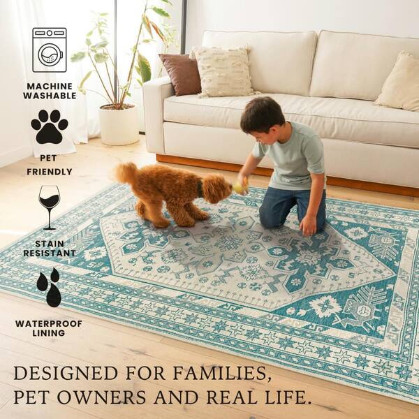 My Magic Carpet Saraz Teal/Off White Washable Rug 5 ft. x 7 ft