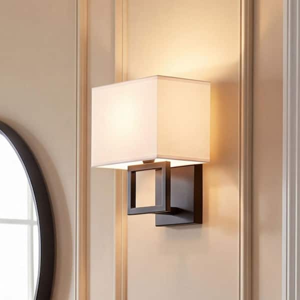 Meridian 8 in. W x 10.5 in. H 1-Light Matte Black Wall Sconce with White Fabric Shade