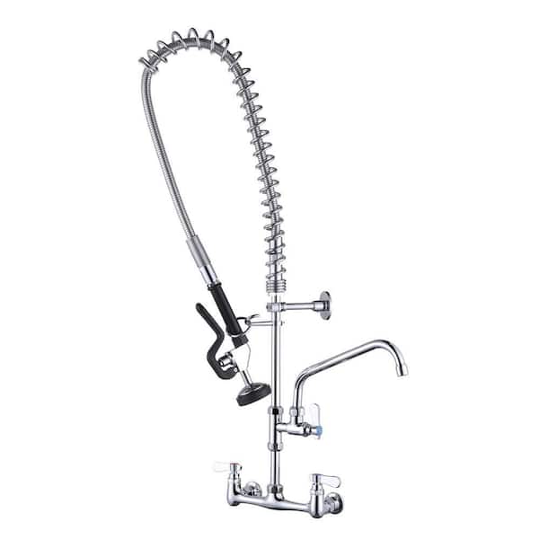 36 in. H Commercial Wall Mount Triple Handle Pull Down Sprayer Kitchen Faucet with Pre-Rinse Sprayer in Polished Chrome