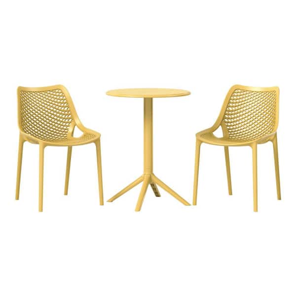 Frond&Form Outdoor Patio Modern HDPE Plastic 3-Piece Indoor/Outdoor Bistro Set w/ Stackable Chairs, Yellow
