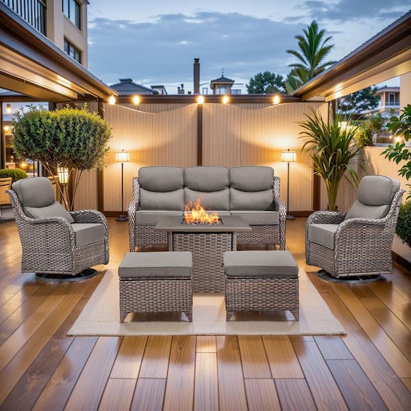 MoonLuxe Brown Wicker Fire Pit Conversation Set with Gray Olefin 6 in. Thick Cushions Patio Swivel Chairs (6-Piece)