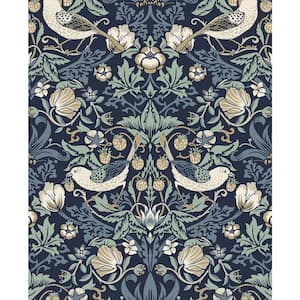 Navy Blue and Aloe Fragaria Garden Unpasted Nonwoven Paper Wallpaper Roll 57.5 sq. ft.