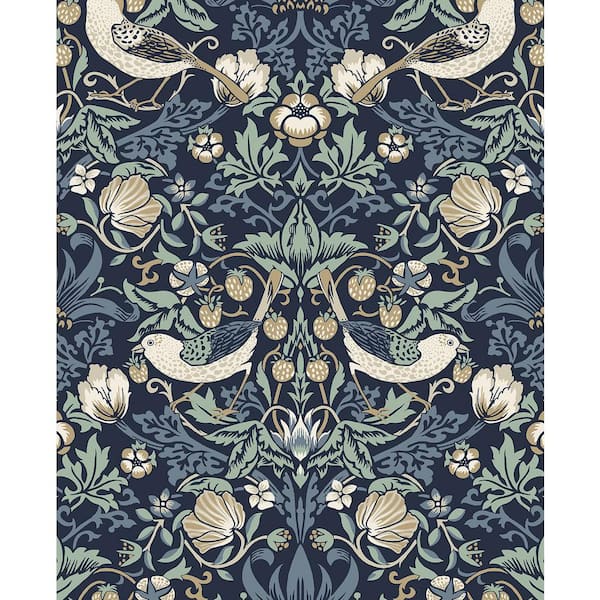 Seabrook Designs Navy Blue and Aloe Fragaria Garden Unpasted Nonwoven Paper Wallpaper Roll 57.5 sq. ft.